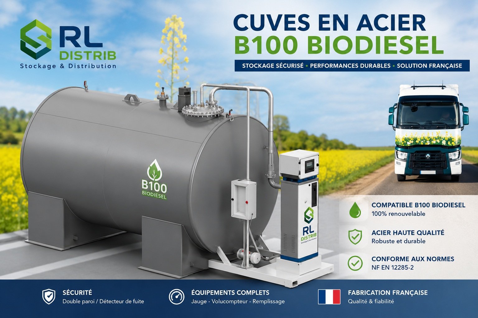Cuve acier a&eacute;rienne pour Biodiesel B100 conforme NF EN 12285-2. Fabrication fran&ccedil;aise, 15 &agrave; 50 m&sup3;, solution cl&eacute; en main et s&eacute;curis&eacute;e.